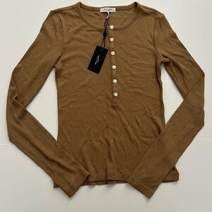 Rag & Bone Khaki Brown Long Sleeve The Knit Rib Henley Crew Neck Top Shirt XS